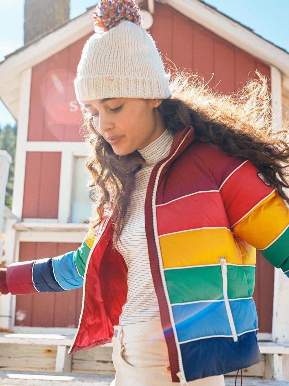 Marine Layer Lost & Found Rainbow Striped Puffer Jacket w/ Pockets Multicolor XL - Picture 2 of 11